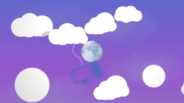 世界中の雲やデジタルアイコンのアニメーション 世界的なデジタルインターフェース技術とネットワーキングの概念デジタル生成されたビデオ — ストック動画