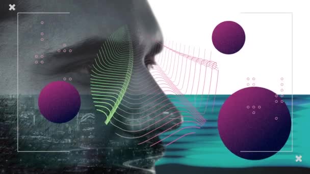 单色男性脸的动画 紫色球体 城市景观和蓝带上的动态形状 心理和成功概念 数字视频制作 — 图库视频影像