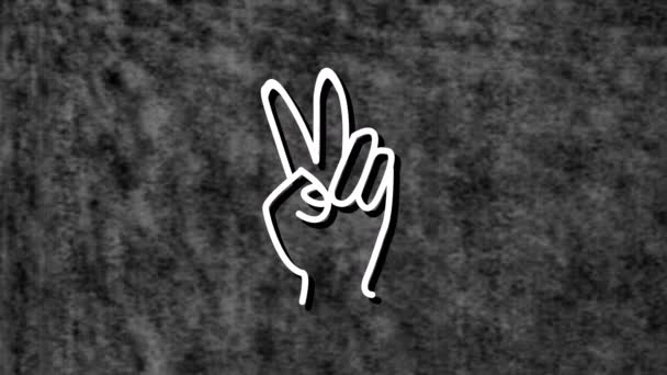 Animation White Neon Peace Sign Hand Grey Background Social Media — Stock Video