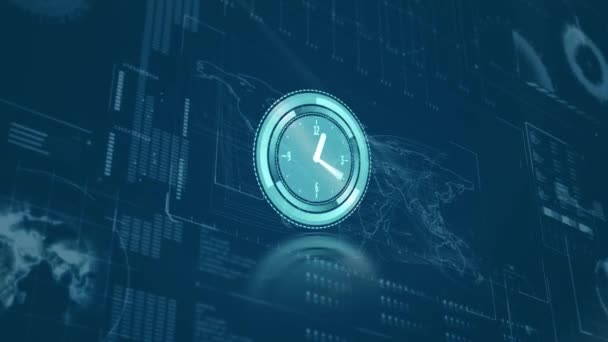 Reloj Azul Neón Marcando Contra Interfaz Digital Con Procesamiento Datos — Vídeo de stock