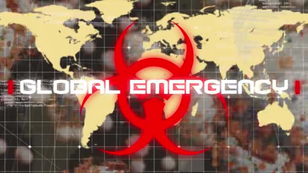 Animacja Tekstu Covid Symbolu Zagrożenia Biologicznego Mapie Świata Globalna Koncepcja — Wideo stockowe