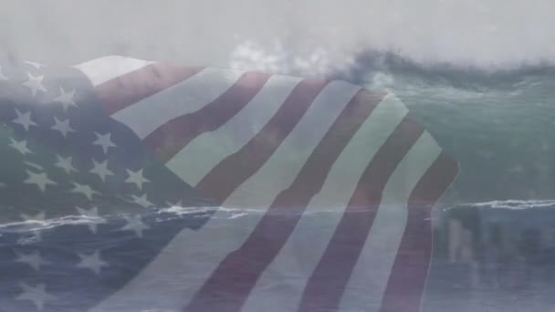 Animation Der Flagge Amerikas Die Über Wellen Weht Die Meer — Stockvideo