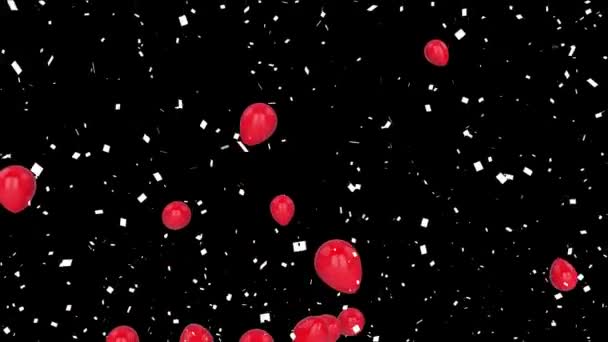 Animatie Van Rode Ballonnen Drijvende Witte Confetti Vallen Zwarte Achtergrond — Stockvideo