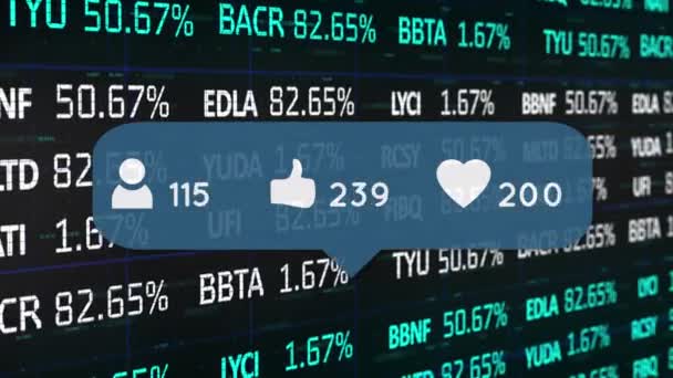 Animation Social Media Icons Rising Numbers Financial Shares Data Processing — Stock Video