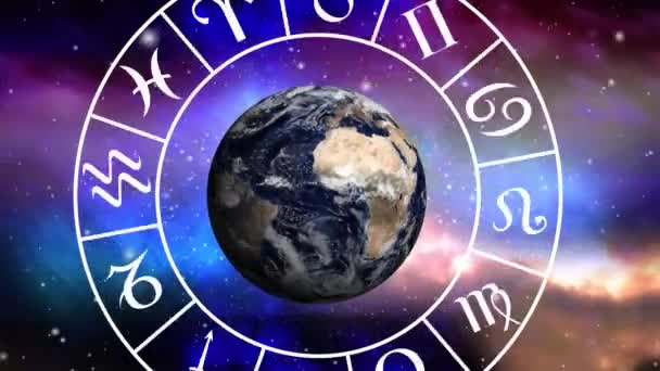 Animation Horoscope Star Sign Wheel Globe Vibrant Coloured Clouds Galaxy — Stock Video