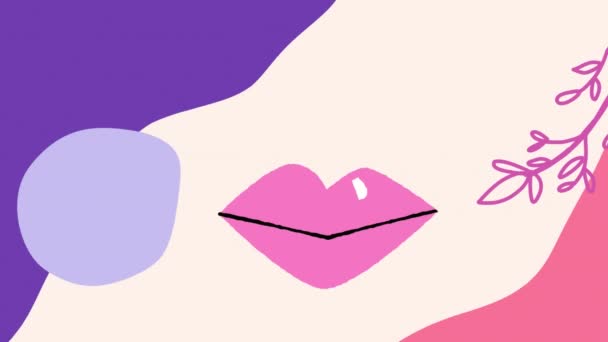 粉色嘴唇的动画在脸上移动 有树枝和有机紫色 淡紫色和粉红色的形状 自然和通信概念 数字生成视频 — 图库视频影像