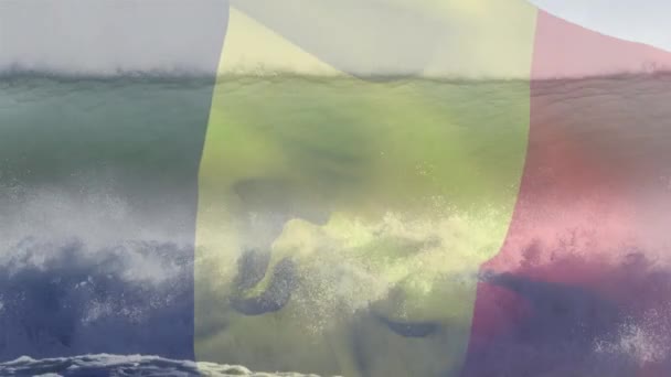 Animation Flag Romania Waving Sunny Beach Sea Patriotism Holidays Celebration — Stock Video