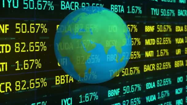Анімація Глобусу Обертається Над Даними Обробки Фінансових Акцій Інтерфейсу Глобальна — стокове відео