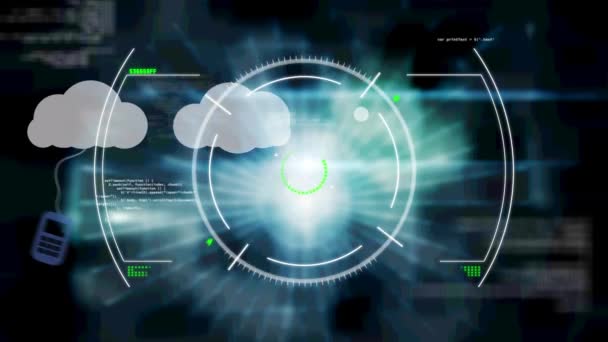 Animação Nuvens Ícones Digitais Sobre Escopo Fundo Preto Interface Digital — Vídeo de Stock