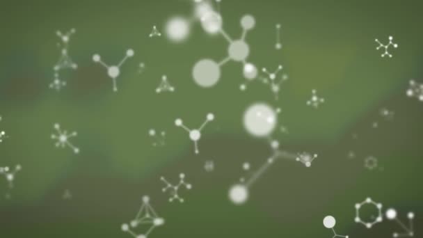 Animación Moléculas Blancas Moviéndose Sobre Fondo Verde Concepto Ciencia Investigación — Vídeo de stock