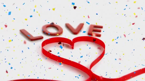 Анимация Слова Любовь Красная Лента Форме Сердца Конфетти Падающими Белую — стоковое видео