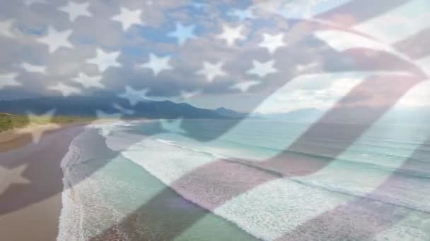 Animation Flag America Waving Person Making Thumbs Gesture Sunny Beach — Stock Video