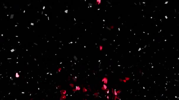 Κινούμενα Σχέδια Κόκκινων Καρδιών Που Πέφτουν Και Κομφετί Μαύρο Φόντο — Αρχείο Βίντεο