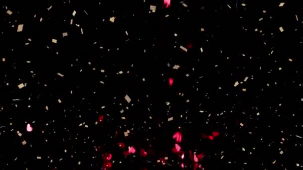 Animation Confettis Tombant Cœurs Rouges Sur Fond Noir Valentin Amour — Video