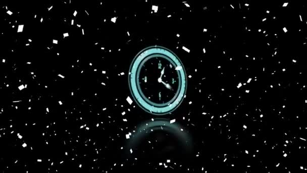 Animación Reloj Con Manos Movimiento Rápido Confeti Blanco Cayendo Sobre — Vídeo de stock