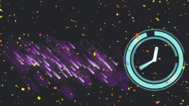 Анимация Конфетти Часами Черном Фоне Вечеринка Празднование Концепции Цифрового Видео — стоковое видео
