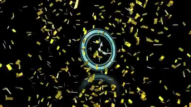 Animación Reloj Con Agujas Rápidas Confeti Dorado Cayendo Sobre Fondo — Vídeos de Stock