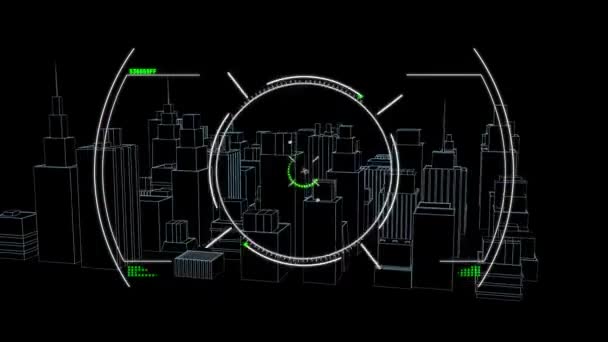 在黑色背景上对3D城市图纸进行扫描的动画效果 全球数字接口 技术和网络概念 — 图库视频影像