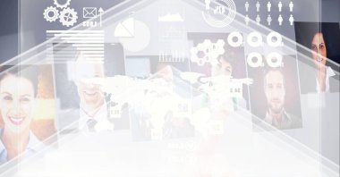 Resimler ve veri işleme ile etkileşimli ekranın bileşimi. küresel iş, dijital arayüz, teknoloji ve ağ konsepti dijital olarak oluşturulmuş görüntü.