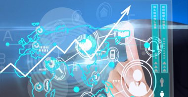 Simge ağıyla etkileşimli ekrana dokunmanın bileşimi. küresel iş, dijital arayüz, teknoloji ve ağ konsepti dijital olarak oluşturulmuş görüntü.