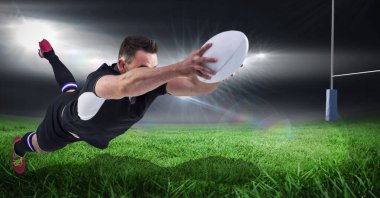 Stadyumda top yakalayan erkek rugby oyuncusunun kompozisyonu. spor ve yarışma konsepti dijital olarak oluşturulmuş görüntü.