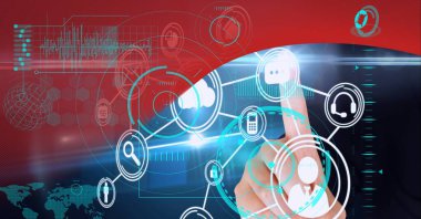 Simge ağıyla etkileşimli ekrana dokunmanın bileşimi. küresel iş, dijital arayüz, teknoloji ve ağ konsepti dijital olarak oluşturulmuş görüntü.