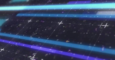 Izgara arka planında parlayan mavi karelerin ve yanıp sönen çizgilerin görüntüsü. dijital arayüz bağlantısı ve dijital olarak oluşturulan iletişim konsepti.