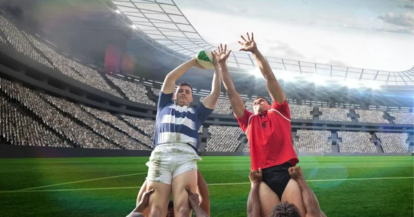 Composition Deux Équipes Masculines Rugby Attrapant Ballon Stade Concept Sport — Photo
