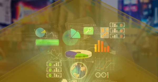 Zusammensetzung Des Interaktiven Bildschirms Mit Statistiken Und Datenverarbeitung Globales Geschäft — Stockfoto