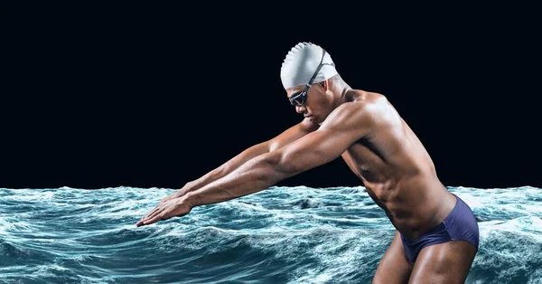 Zusammensetzung Männlicher Schwimmer Die Ins Wasser Springen Auf Schwarzem Hintergrund — Stockfoto