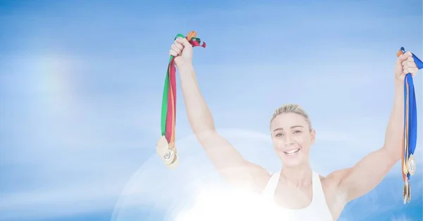 Composição Atleta Feminina Segurando Medalhas Com Espaço Cópia Conceito Global — Fotografia de Stock