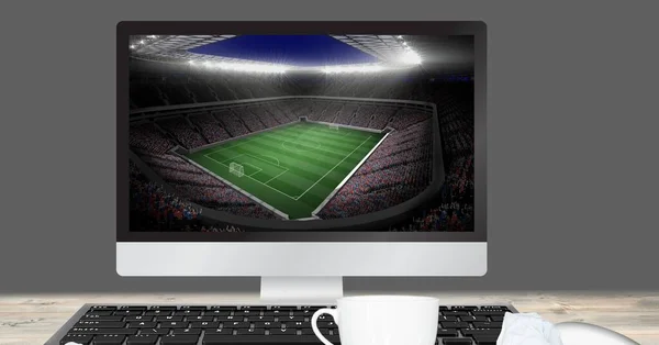 Composition Desk Cup Coffee Football Stadium Computer Sport Competition Concept — Stock Photo, Image