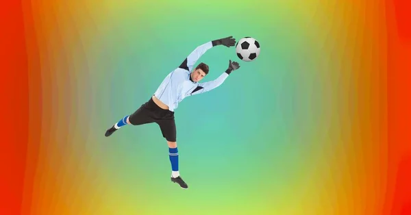 コピースペースでボールをキャッチ男性サッカー選手の構成 スポーツと競争の概念をデジタルで生成し — ストック写真