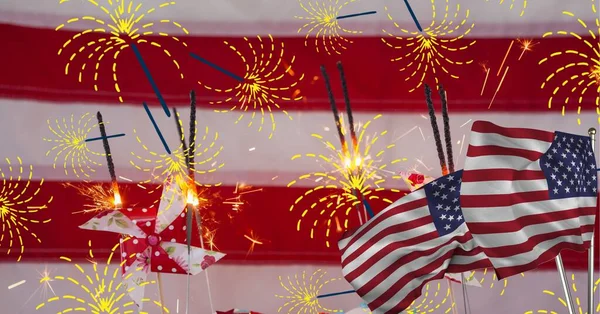 Samenstelling Van Verlichte Sterren Boven Amerikaanse Vlag Patriottisme Onafhankelijkheid Feestconcept — Stockfoto
