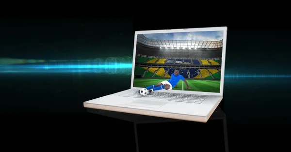 Composição Jogador Futebol Masculino Chutando Futebol Estádio Laptop Conceito Desporto — Fotografia de Stock