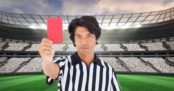 Composizione Arbitro Maschile Possesso Cartellino Rosso Allo Stadio Calcio Concetto — Foto Stock