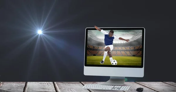 Samenstelling Van Mannelijke Voetballer Schoppen Bal Het Stadion Computer Digitaal — Stockfoto