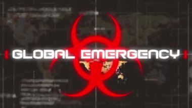 Dünya haritasında covid 19 metin ve biyolojik tehlike sembolünün animasyonu. küresel covid 19 salgın konsepti dijital olarak oluşturulmuş video.