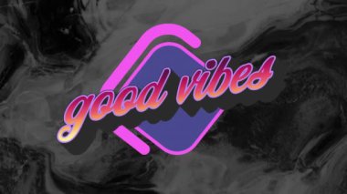 Animation of text good vibes in orange with pink and blue logo, over black swirl background. positive feelings, celebration and wellbeing concept, digitally generated video.