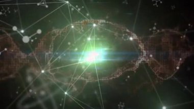 DNA iplikçikleri ve insan beyninin bağlantı ağının üzerinde dönmesi. küresel teknoloji, bağlantılar ve dijital arayüz konsepti dijital olarak oluşturulmuş video.
