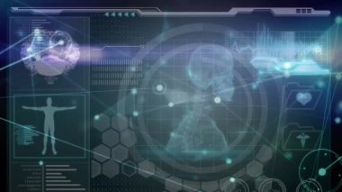 İnsan beyni üzerindeki bağlantı ağının canlandırılması ve ekranda tıbbi veri işleme. küresel bilim, dijital arayüz, teknoloji ve ağ konsepti dijital olarak oluşturulmuş video.