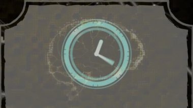 Neon digital clock ticking over human brain against network of connections on black background. global networking and medical research technology concept