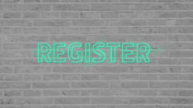 Mavi neon yazının animasyonu, gri tuğla duvar arka planında kayıtlı. Sosyal medya ve küresel iletişim arayüzü teknolojisi kavramı dijital olarak oluşturulmuş video.