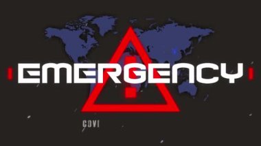 Dünya haritası üzerinde covid 19 acil mesaj ve uyarı üçgeni animasyonu. küresel covid 19 salgın konsepti dijital olarak oluşturulmuş video.