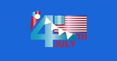 Amerikan bayrağının animasyonu ve mavi daire ve beyaz arka planda 4 Temmuz metni. Vatanseverlik, bağımsızlık ve kutlama konsepti dijital olarak oluşturulmuş video.