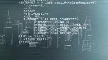 3D şehir manzarası üzerinde dijital veri işleme animasyonu. küresel teknoloji, bağlantılar ve dijital arayüz konsepti dijital olarak oluşturulmuş video.