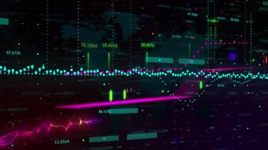 Animation of financial data processing over world map in background. business and finances concept digitally generated video.