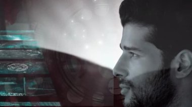 Ekranların animasyonu ve insan yüzü üzerindeki bağlantı ağı. küresel dijital arayüz, teknoloji ve ağ konsepti dijital olarak oluşturulmuş video.