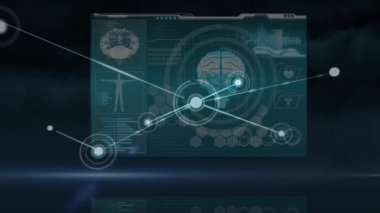 İnsan beyni ve tıbbi veri işleme ağı animasyonu. küresel iş, dijital arayüz, teknoloji ve ağ konsepti dijital olarak oluşturulmuş video.