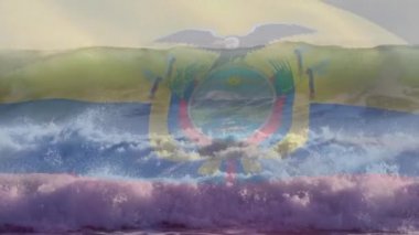 Animation of flag of ecuador waving over sun on waves breaking in sea. patriotism, holidays and celebration concept, digitally generated video.
